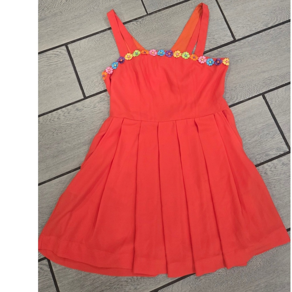 Double Zero Orange Red Floral Applique Mini Dress Sleeveless Pleated Pockets S